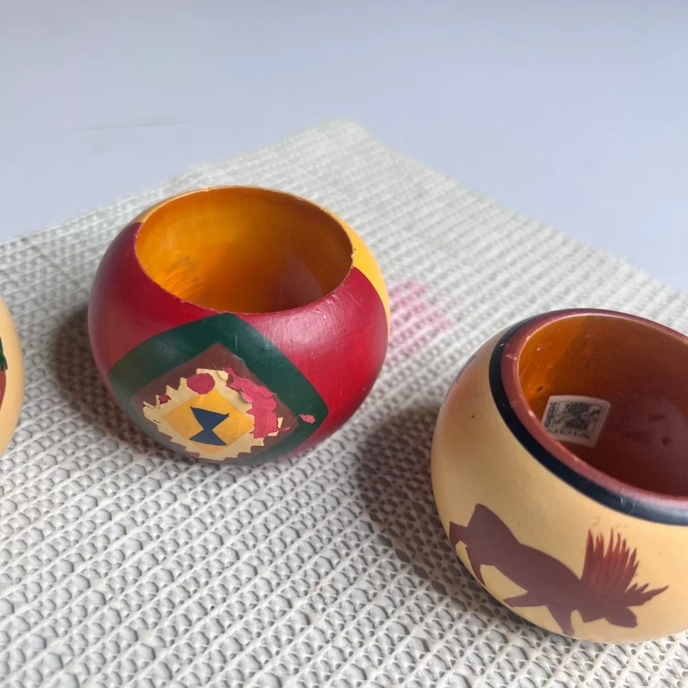 Vintage Hand Painted Wood Napkin Rings Set 3 Southwest Moose Chili Pepper India‎